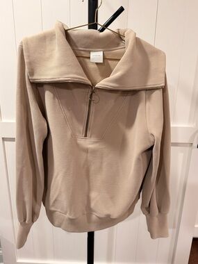 Varley Beige Half-Zip Ribbed Funnel-Neck Pullover